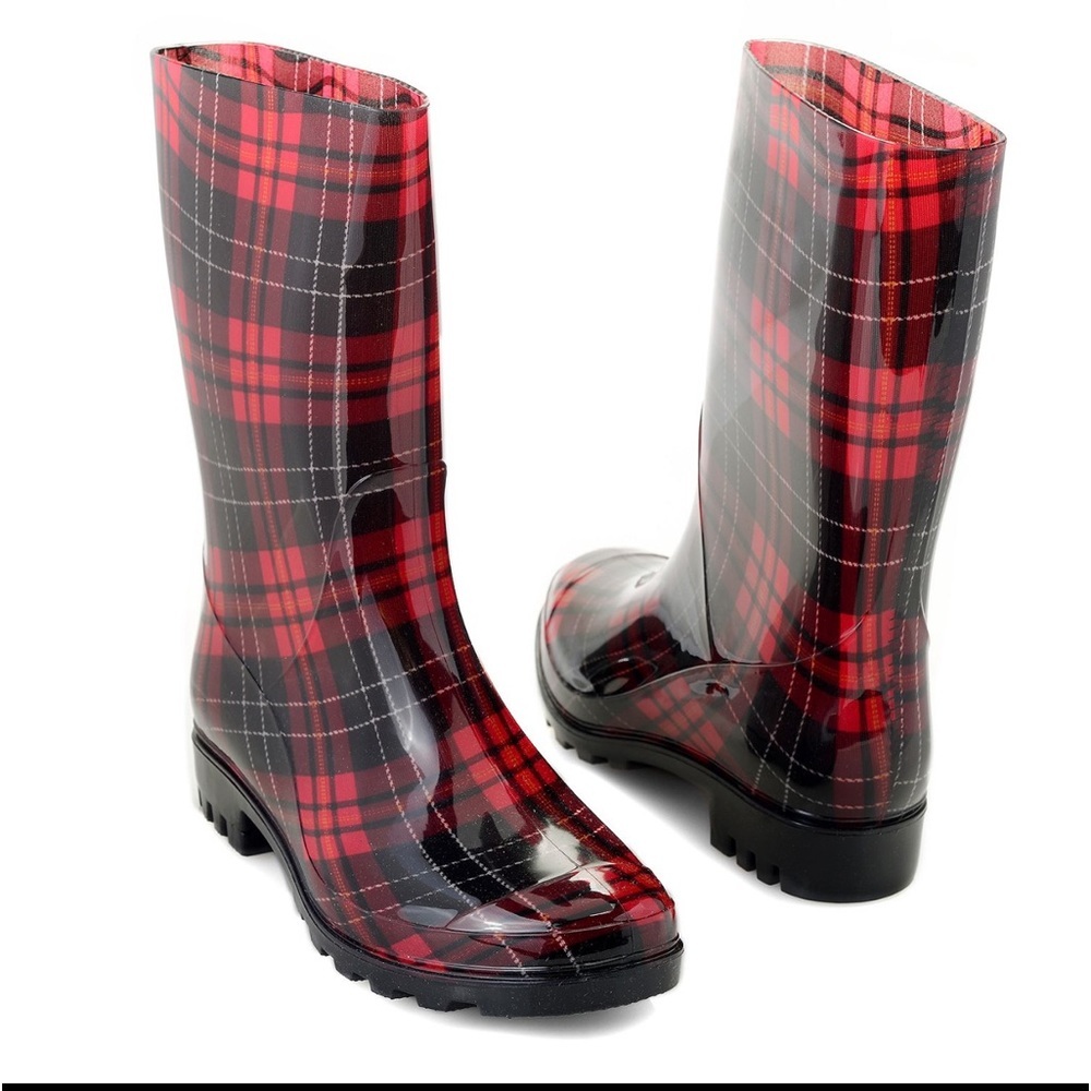 NIB Corkys “Riverwalk” Red Plaid Memory Foam Rubber Mid-Calf Rain Boots Size 9